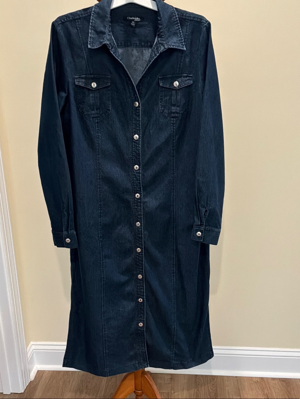 Chadwicks Navy Button-Front Long Sleeve Denim Dress side pockets slit at hem